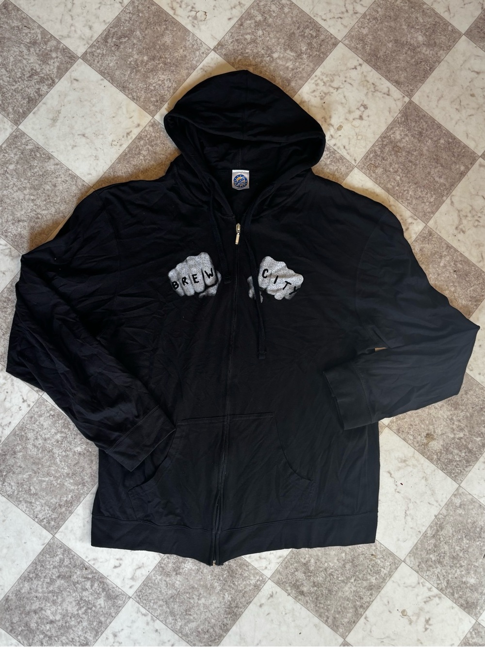 Men’s Large Brew City Lightweight Black Zip-Up Hoodie with Knuckle Graphic